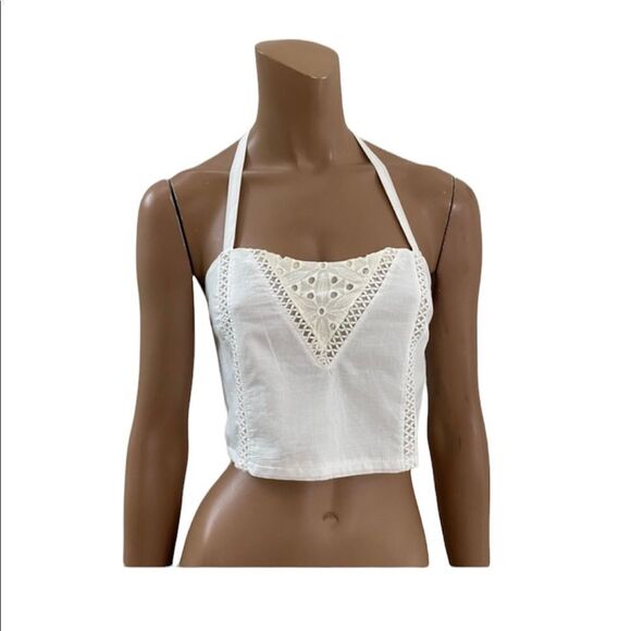 NEW LF VVNVVN White 100% Cotton Embroidered Halter Crop Top M - Picture 1 of 8